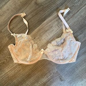 Agent Provocateur bra! Light pink mesh with darker pink embroidered flowers.